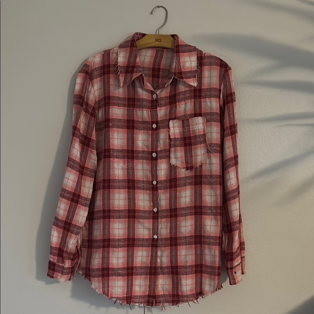 POL Oversize Frayed Flannel Button-Up Shirt